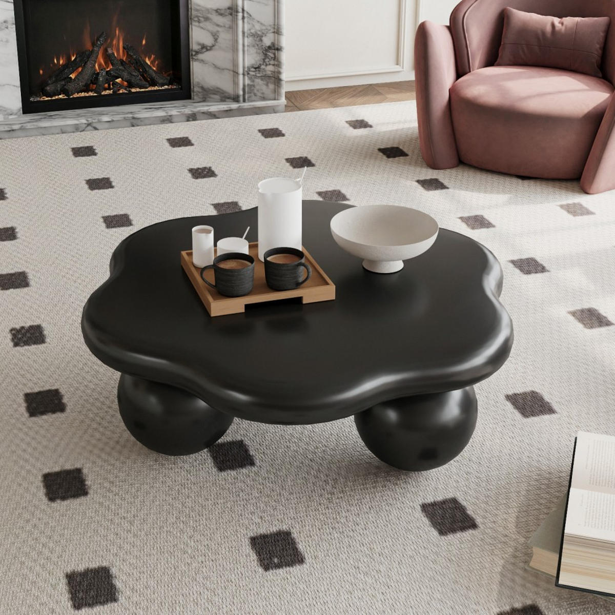 COUCHTISCH wolkenförmig 80 cm mit Kugelfüßen, matter Beistelltisch in Schwarz für kleine Wohnungen - Schwarz, Holzwerkstoff (79/79/31cm)