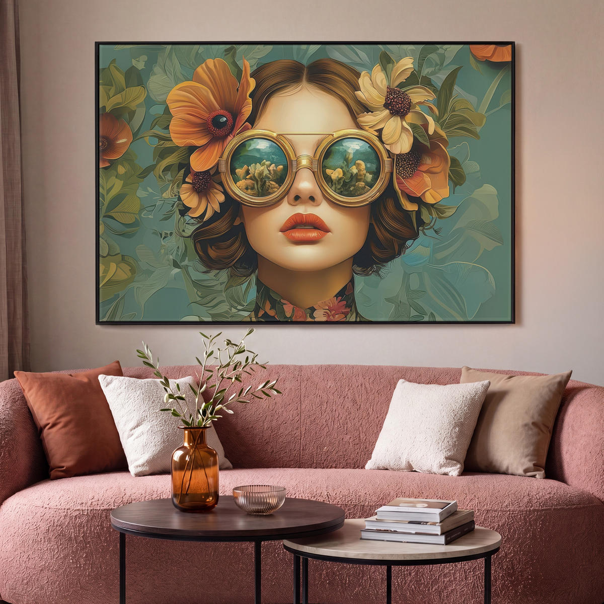 LEINWAND Bilder mit Rahmen - Frau - Blumen - Schmetterlinge - Natur - Vintage - 120x80 - Salbeigrün, Textil (120/80cm) - MuchoWow