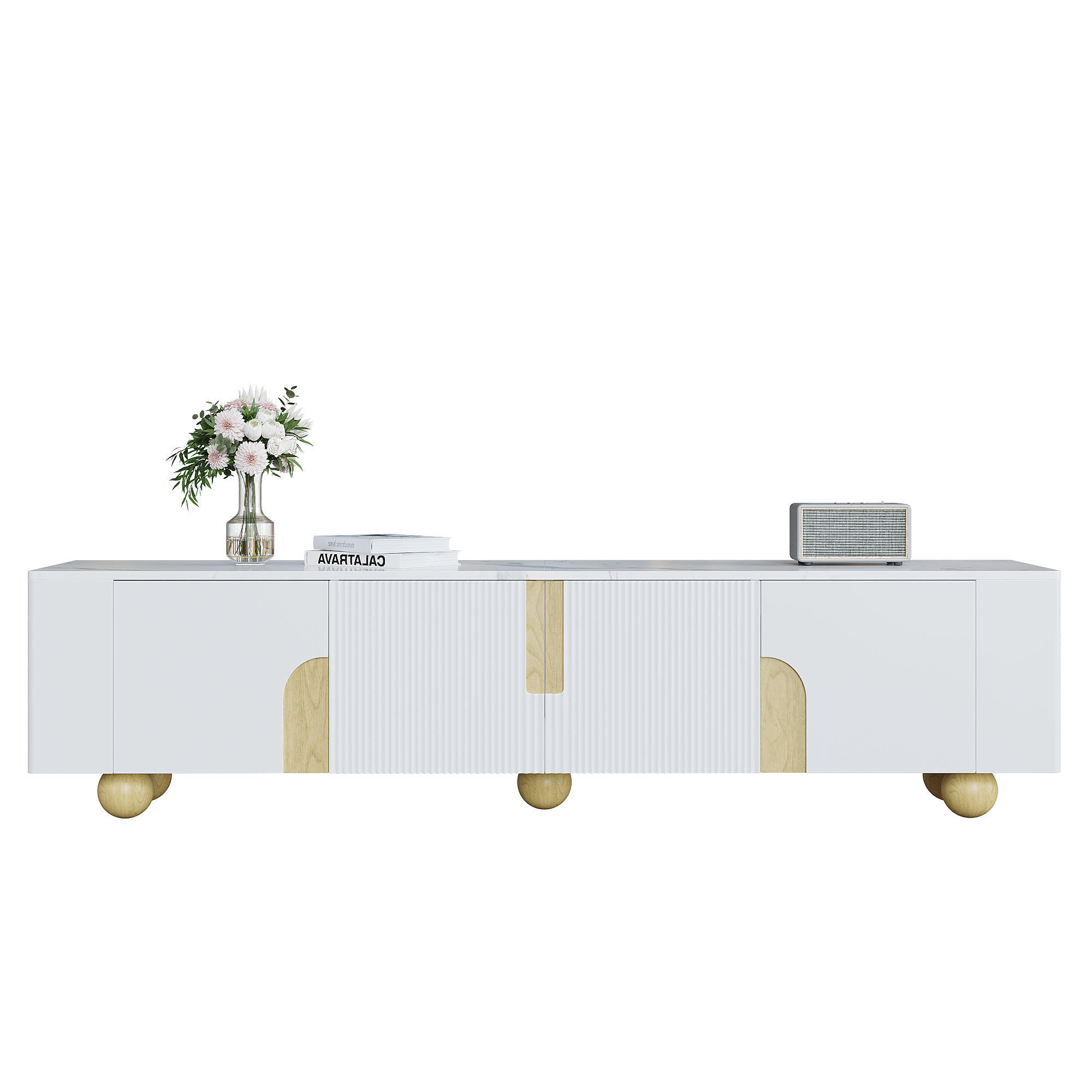 LOWBOARD in Weiß und Naturfarben TV-Schrank mit 4 Türen für Wohnzimmer, B180/T40/H44 cm - Naturfarben/Weiß, Holz/Holzwerkstoff (180/44/40cm) - STILVORA