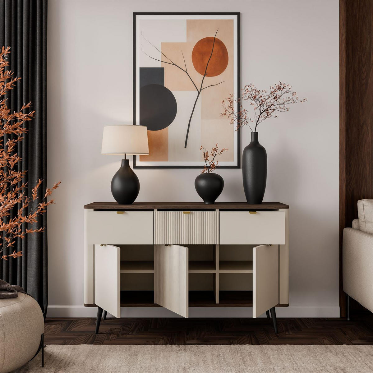 KOMMODE AUTUMN 3D3S auf hohen Beinen, Kaschmir / Nussbaum - Beige, Holzwerkstoff (130/82/40cm) - Lookway