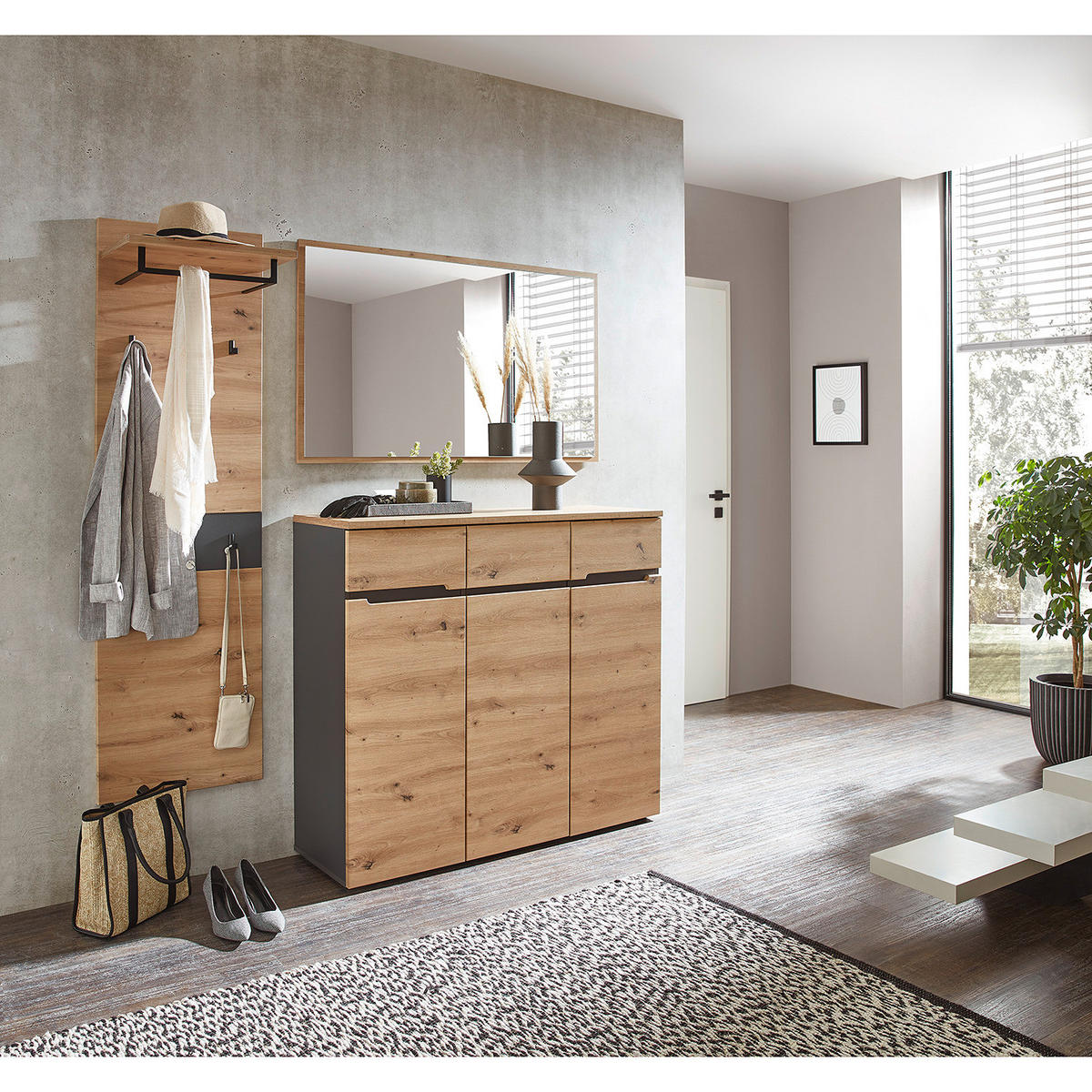 SCHUHKOMMODE - 120 cm - Schwarz/Eiche Artisan, Holzwerkstoff/Kunststoff (120/107/38cm) - home24
