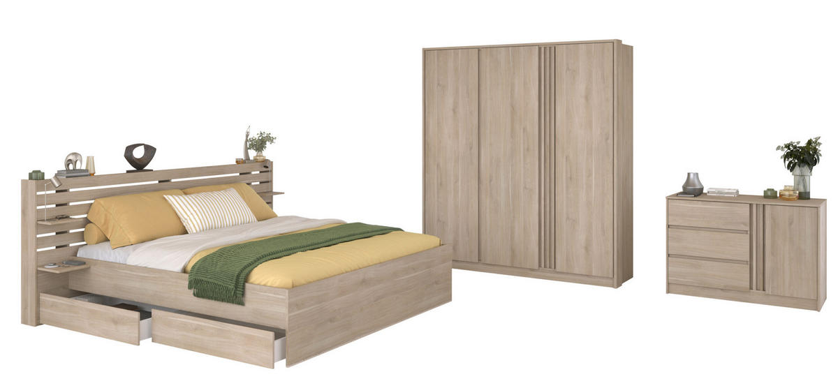SCHLAFZIMMER Escale 27 in Japanische Eiche 5 teilig - mit 180er Doppelbett, zwei Bettschubkästen, Kleiderschrank, Kommode - Braun, Holzwerkstoff (80/200/120cm)