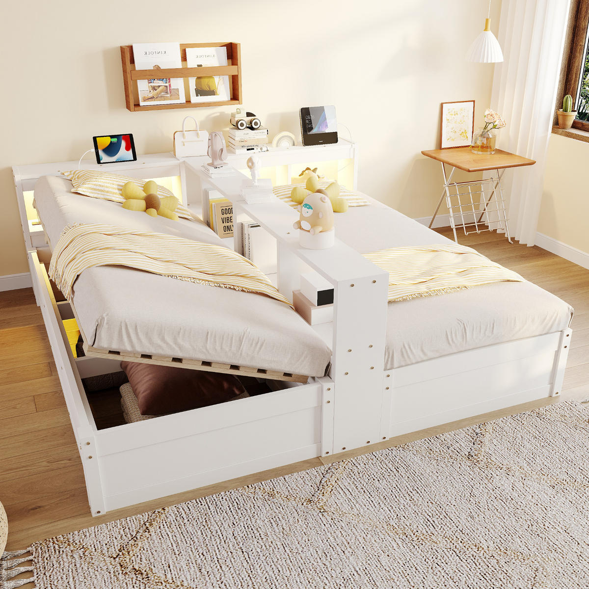SCHLAFSOFA 90x200cm LED Stauraum Steckdose Holzbett Weiß - Weiß, Holzwerkstoff (180/200cm) - FLIEKS