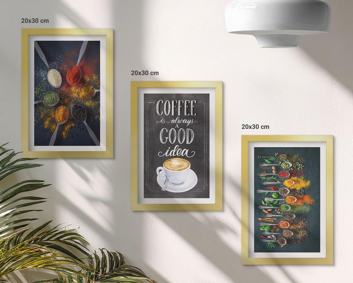 WANDBILDER 3er Set - 20x30 cm Goldrahmen - Gewürze, Kaffee, Kräuter, Muster - Goldfarben, Kunststoff (20/30cm) - ArtPrintCave
