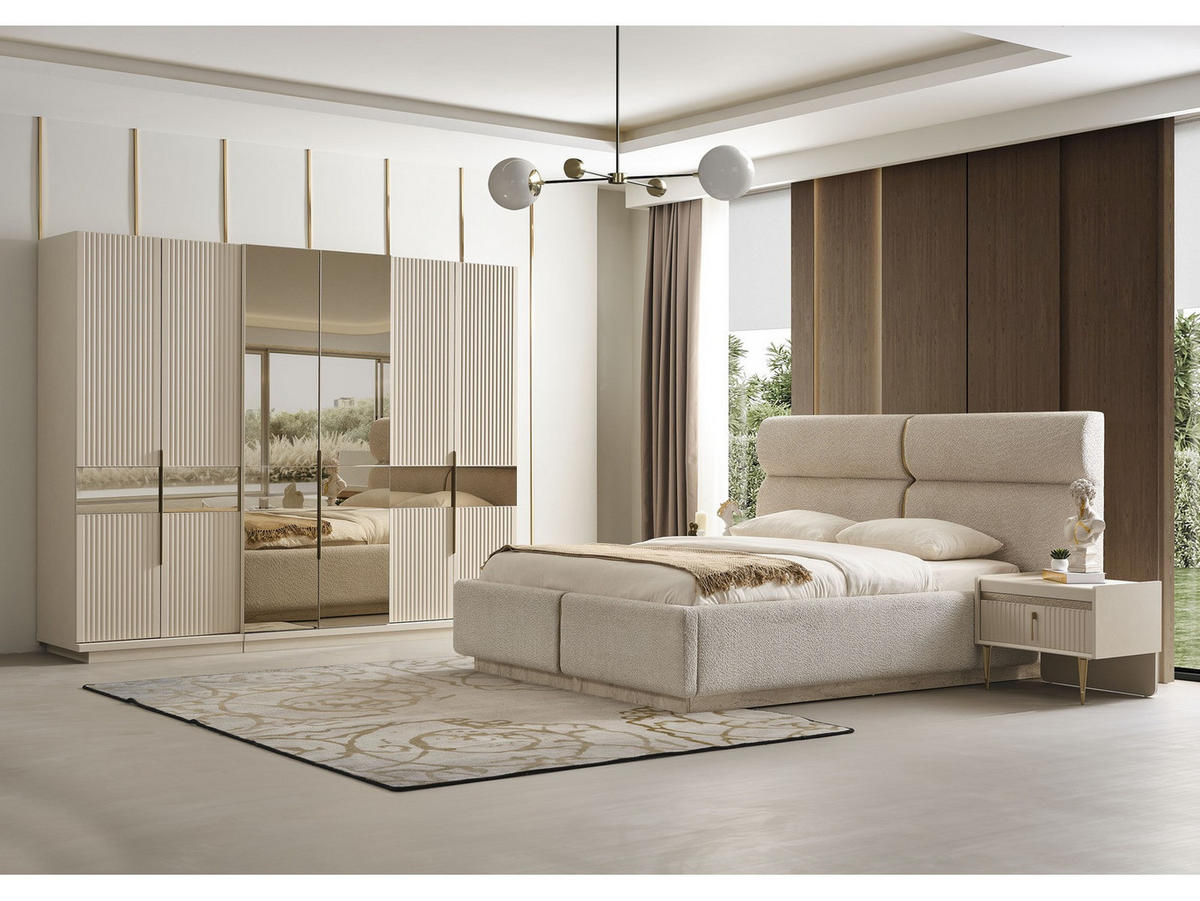 BETTANLAGE TESLA Schlafzimmer-Set, 5-teilig, Beige, Bett mit Kopfteil, 2 Nachttische, Kleiderschrank und Kommode - Beige, Holzwerkstoff (160/200cm)