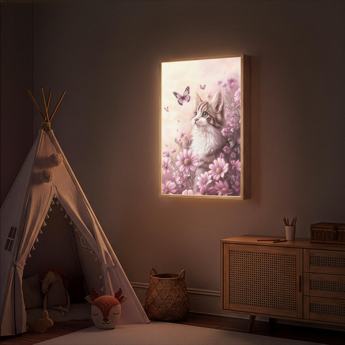 NACHTTISCHLAMPE MIT AKKU Kätzchen - Blumen - Schmetterlinge - Lila 70x100 cm - Altrosa, Holzwerkstoff (8/70/100cm) - OnlyWow