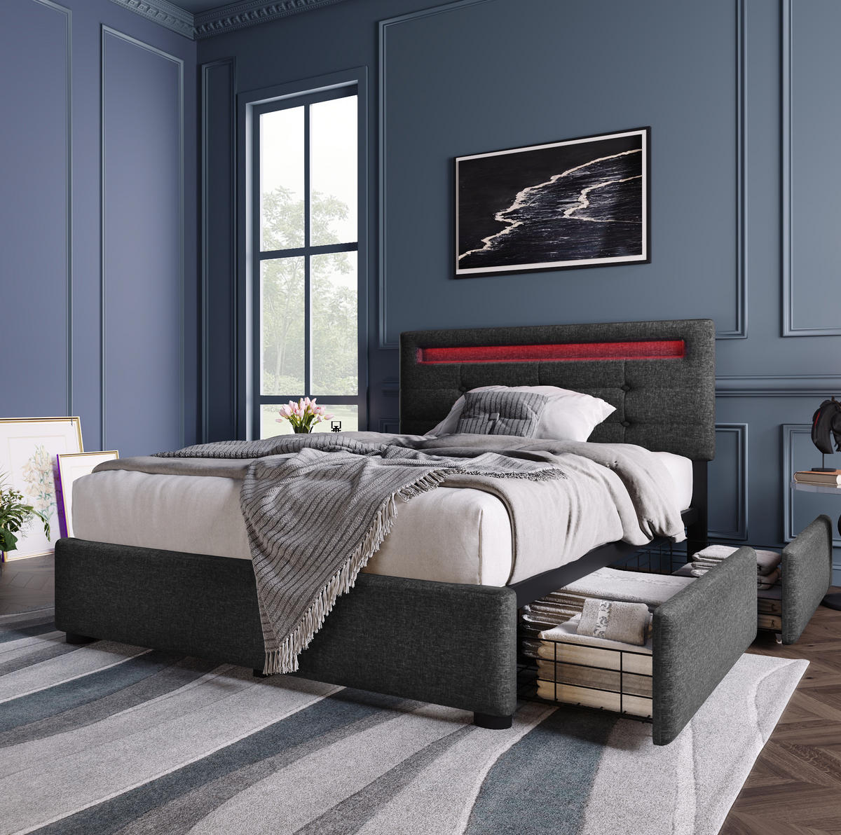 POLSTERBETT 90/200 cm Grau mit LED-Beleuchtung und 2 Schubladen - Grau, Textil (90/200cm) - Flora Grace