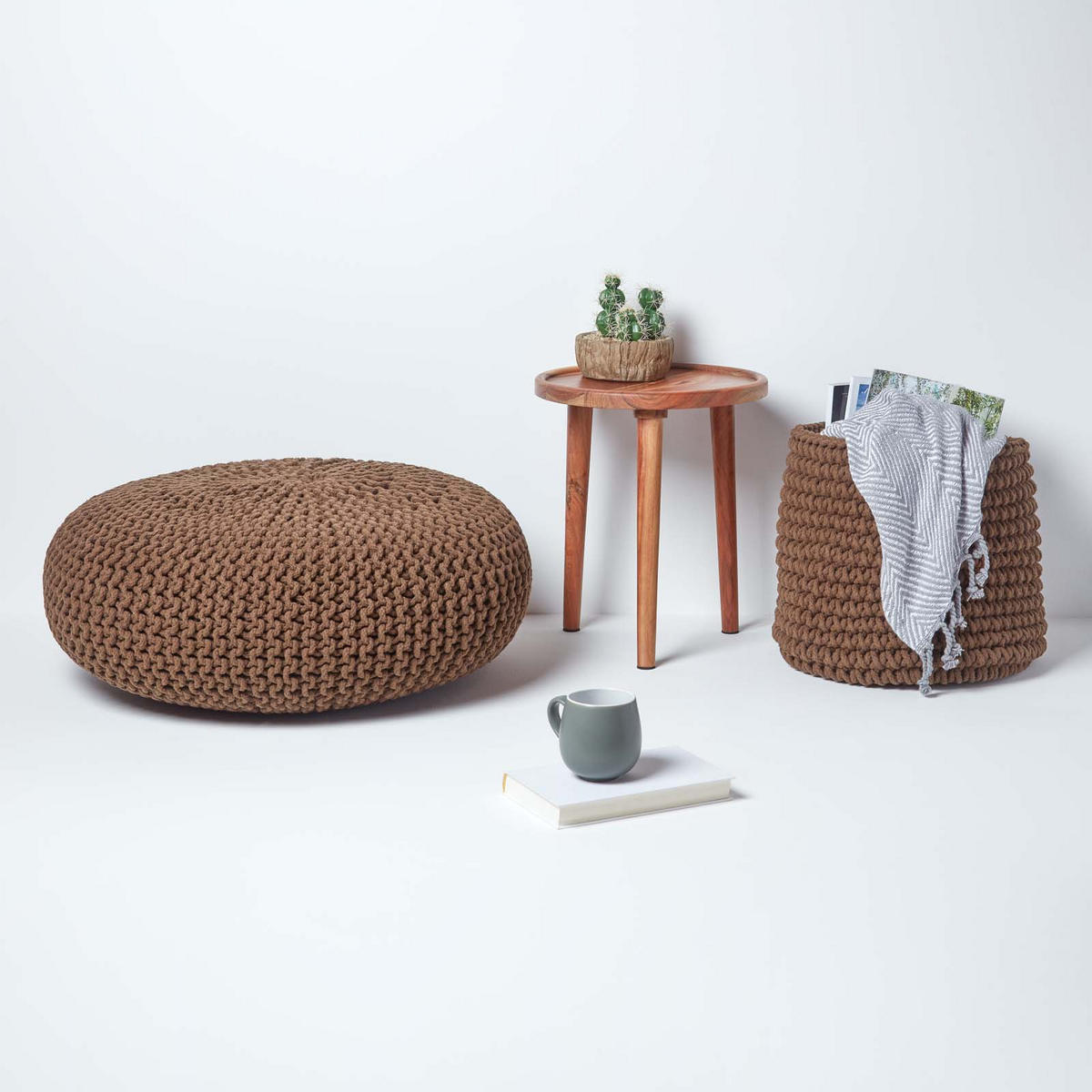 STRICK-POUF braun, Bodenkissen rund 70/70/23 cm - Braun, Textil (70/23/70cm) - Homescapes
