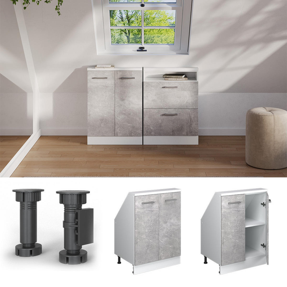 KUCHYŇSKÁ SKŘÍŇKA POD ŠIKMOU STŘECHU R-Line Beton/bílá - bílá/šedá, kompozitní dřevo (60/81.6/46cm) - Vicco