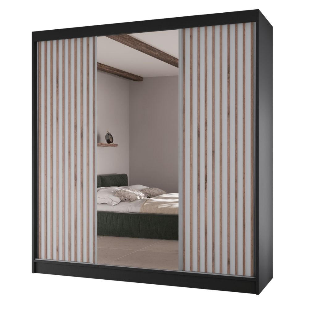 SCHWEBETÜRENSCHRANK Lami mit Spiegel und Lamellen, 215x200x61cm, Schwarz+Weiß - Schwarz/Weiß, Holzwerkstoff (200/215/61cm) - AN-Moebel 4u
