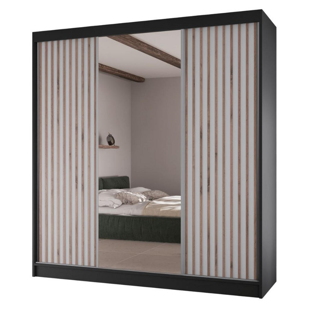 SCHWEBETÜRENSCHRANK Lami mit Spiegel und Lamellen, 215x200x61cm, Schwarz+Weiß - Schwarz/Weiß, Holzwerkstoff (200/215/61cm) - AN-Moebel 4u