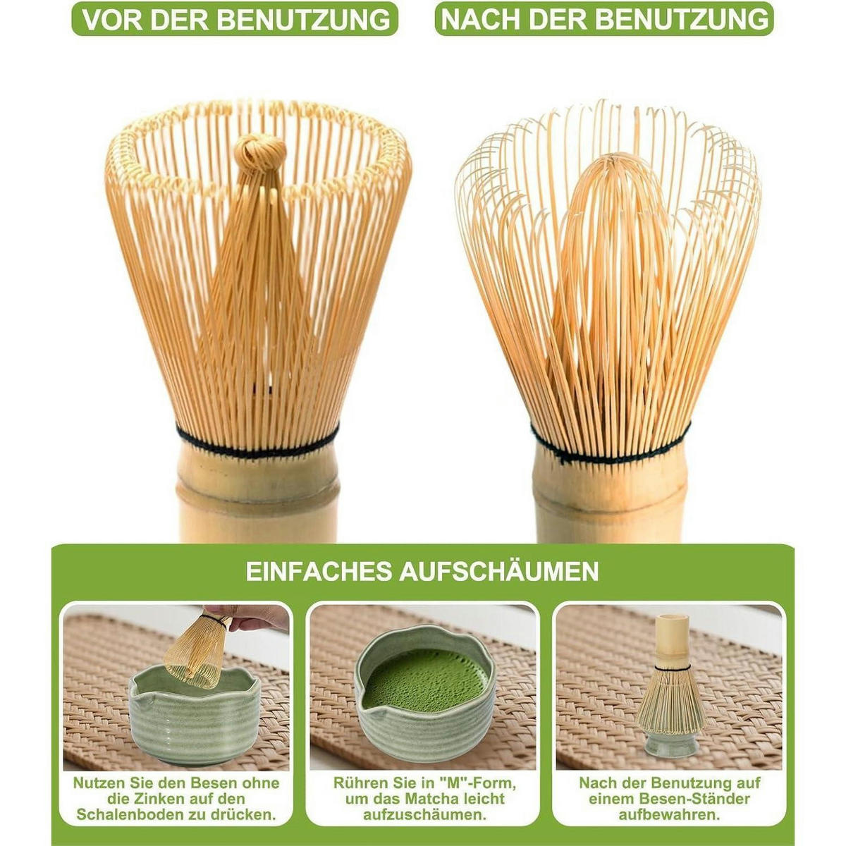 MATCHA Set 5-teilig Bambus mit Besenhalter und Sieb - Grün, Naturmaterialien (10/10/10cm)