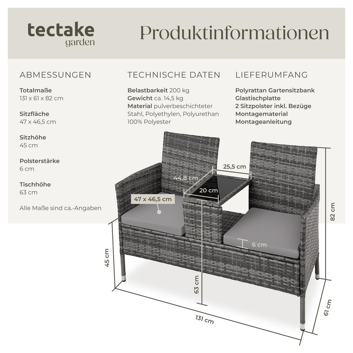 RATTAN GARTENSITZBANK Narbonne,131 x 59 x 82 cm,grau/hellgrau - Grau, Kunststoff (61/82/131cm) - tectake