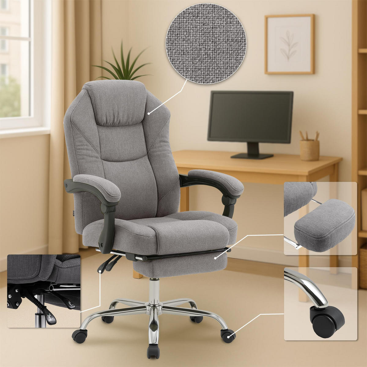 CHEFSESSEL Stoff Grau - Chromfarben/Grau, Textil/Metall (67/114/64cm) - CLP