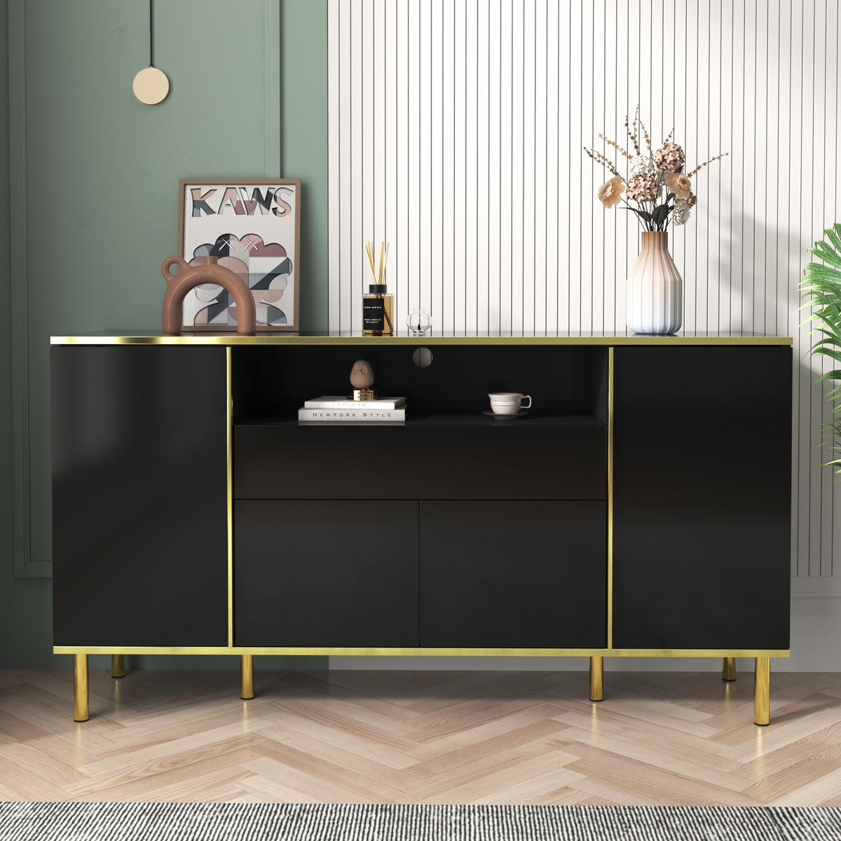 SIDEBOARD Schwarz mit LED 150/40/80 cm - Schwarz, Holzwerkstoff (40/80/150cm) - Urban Meuble
