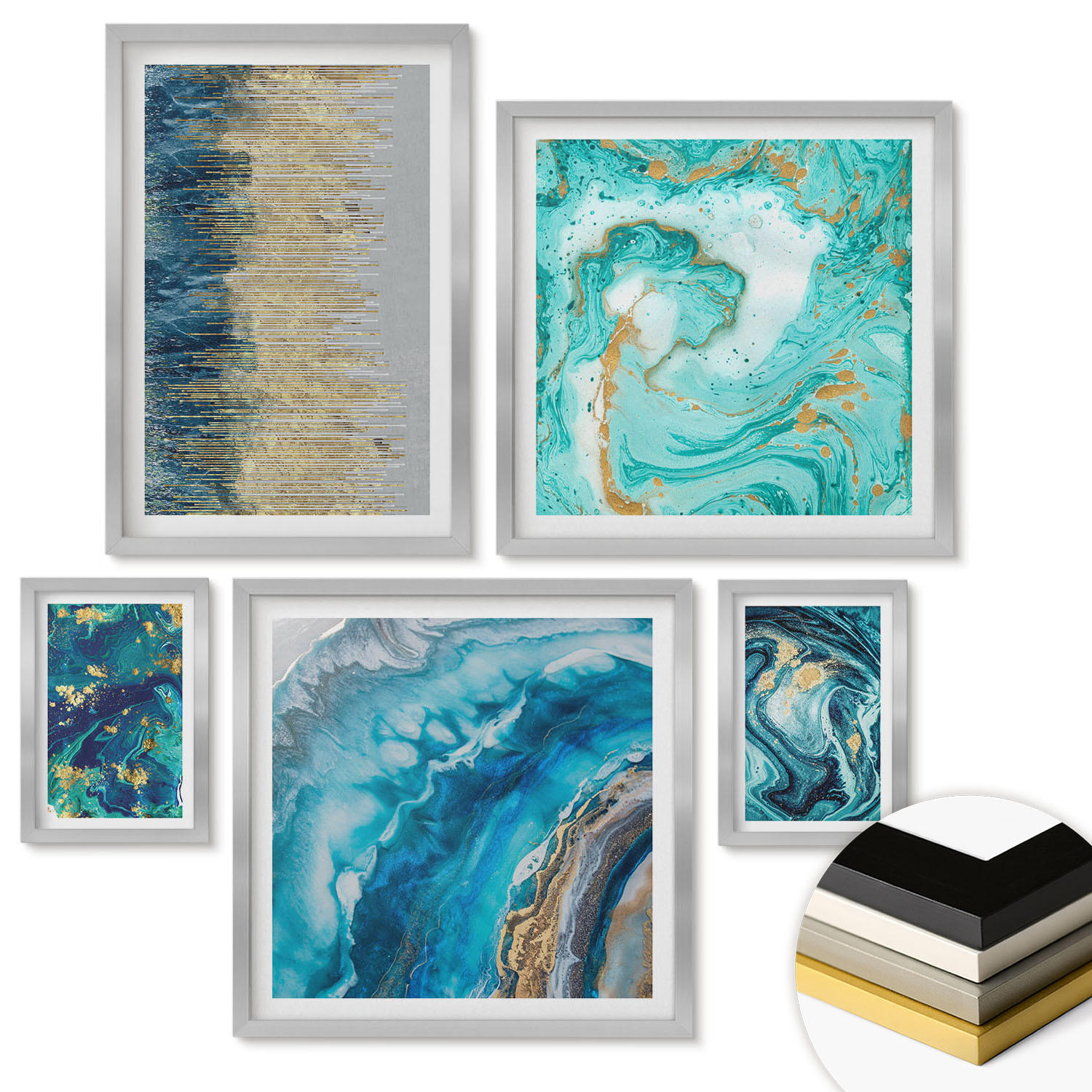 WANDBILDER 5er Set - 50x50 cm & 20x30 cm & 40x60 cm Silberner Rahmen - Wilde Landschaften, Berge, Hirsche - Silberfarben, Kunststoff (40/60cm) - ArtPrintCave