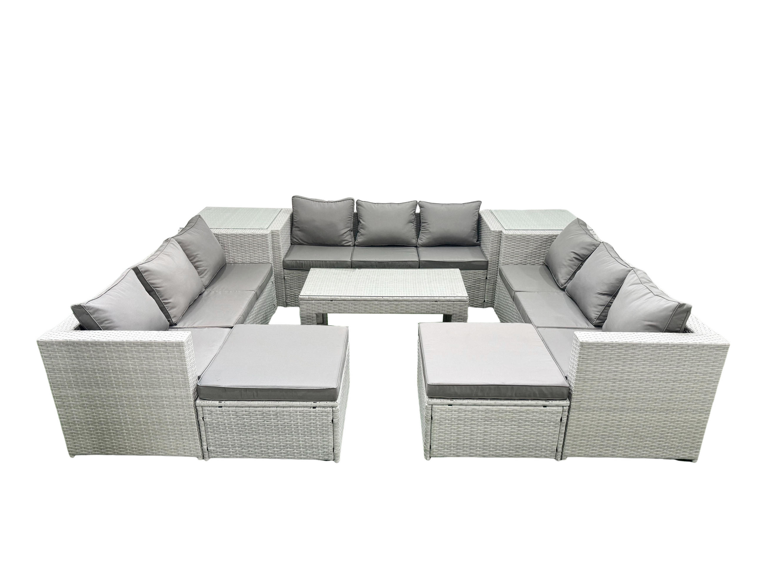 BALKONMÖBEL-SET Polyrattan Hellgrau-Mix 11-teilig - Hellgrau/Grau, Glas/Kunststoff - Fimous
