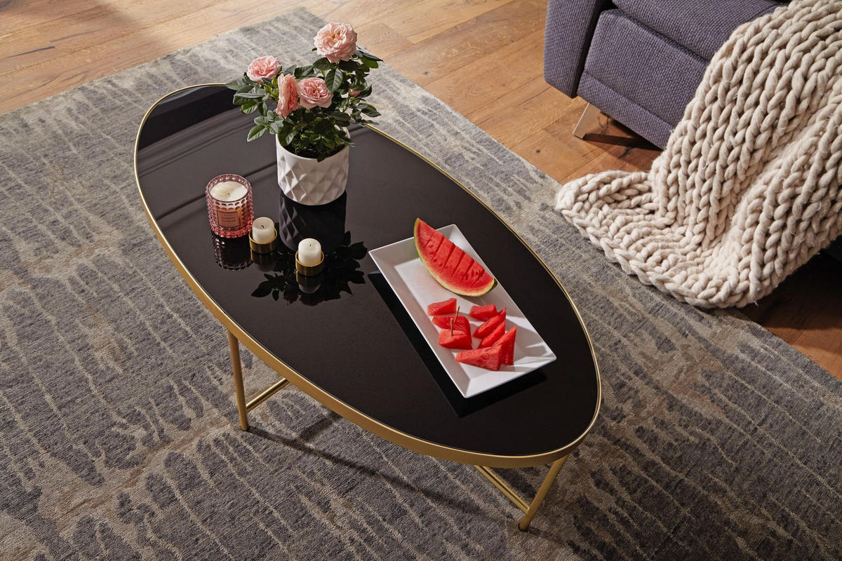 COUCHTISCH Oval in Schwarz/Gold, Glasplatte mit filigranem Metallgestell, Maße 110x56 cm - Goldfarben, Glas/Metall (56/110/40cm) - KADIMA DESIGN