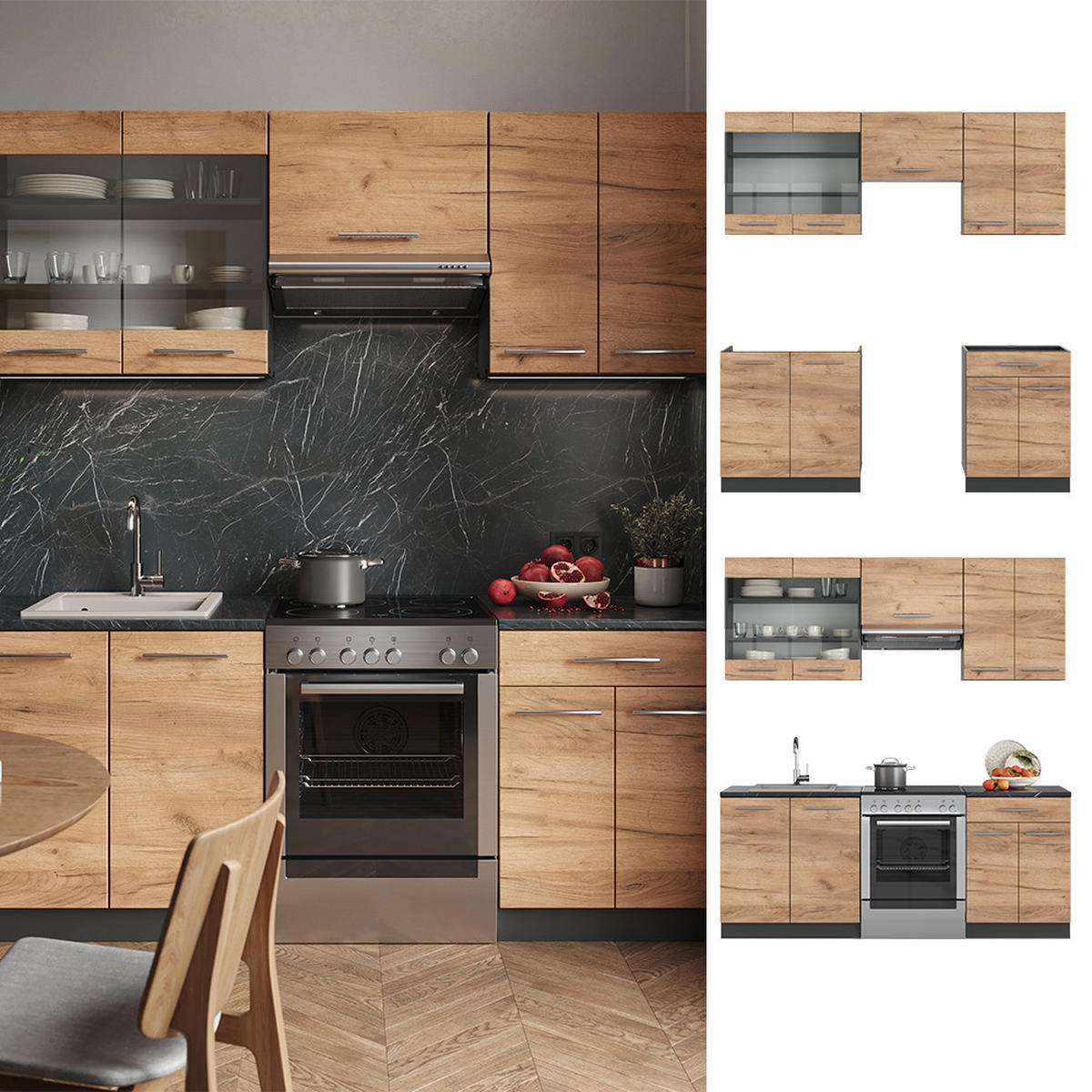 KÜCHENZEILE Fame-Line Goldkraft Eiche/Anthrazit 200 cm, AP Marmor - Honigeiche/Anthrazit, Holzwerkstoff (200/81.6/60cm) - Vicco