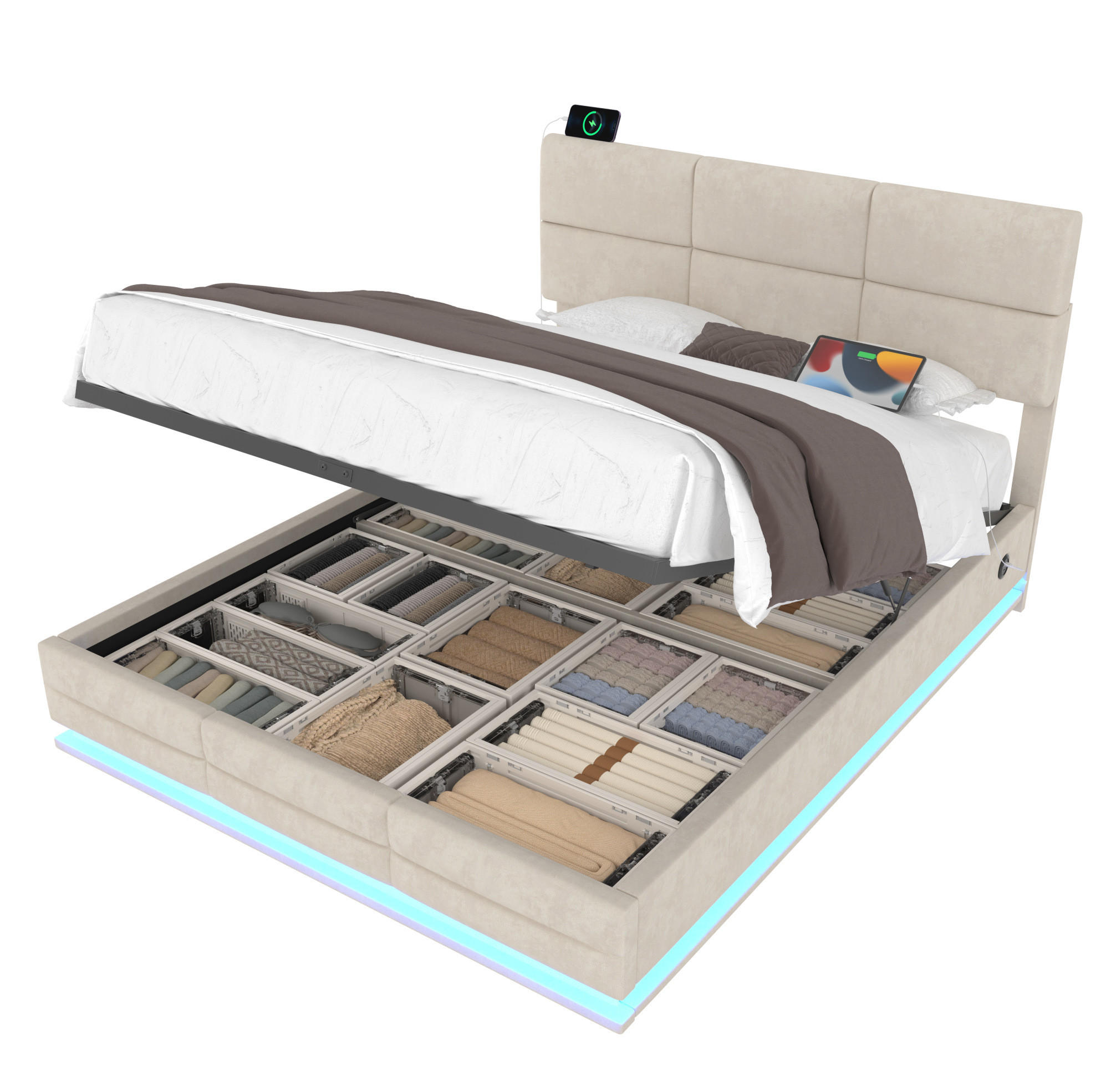 BETT mit Stauraum 140x200 cm Samt Beige - Beige, Metall (140/200cm) - Meubliv