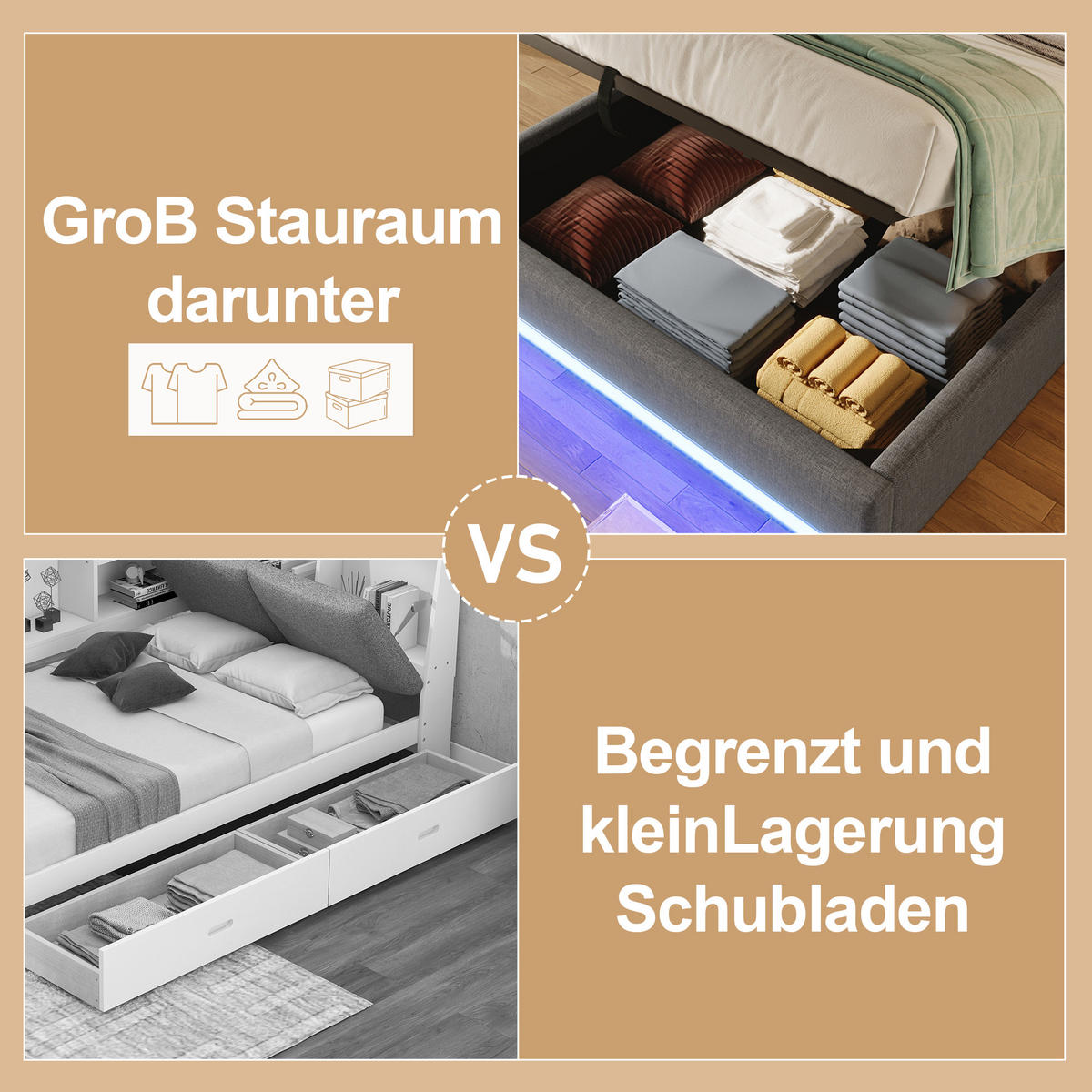 POLSTERBETT 140x200cm Grau LED-Leiste USB-C Hydraulik - Grau, Holz (140/200cm) - FLIEKS