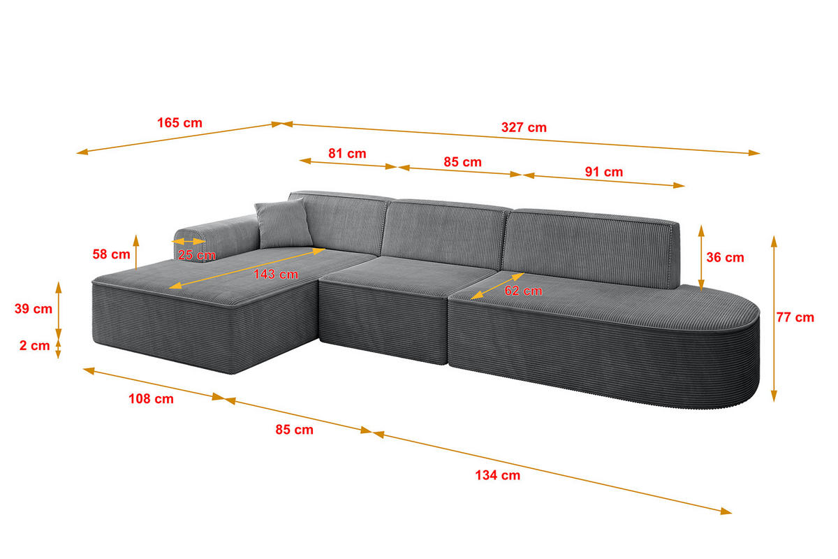 ECKSOFA Ottomane Links IREA-L2-v3 - 327x165x77 cm Duneklgrau - Dunkelgrau, Holzwerkstoff/Textil (327/165cm) - ALTDECOR