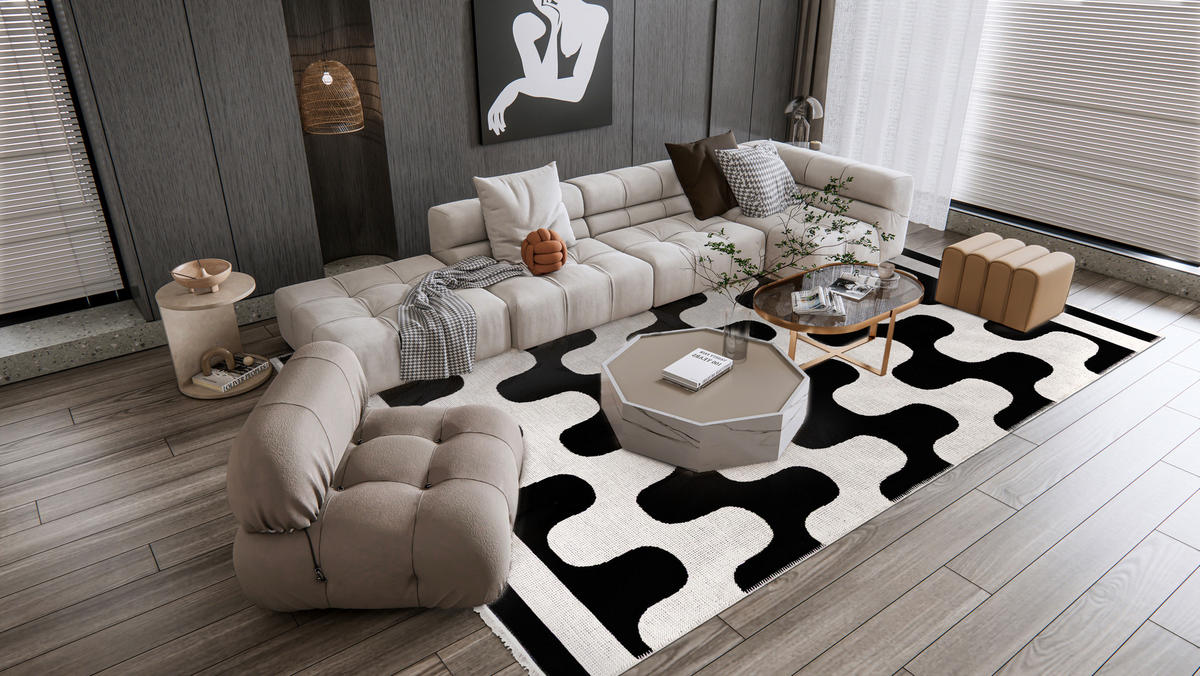 TEPPICH Zweiseitiger Schwarz Modern Abstrakt, Geometrisch - Kurzflor Rechteckig Weich - 200 x 300 cm - Creme/Schwarz, Textil (200/300cm) - Mazovia