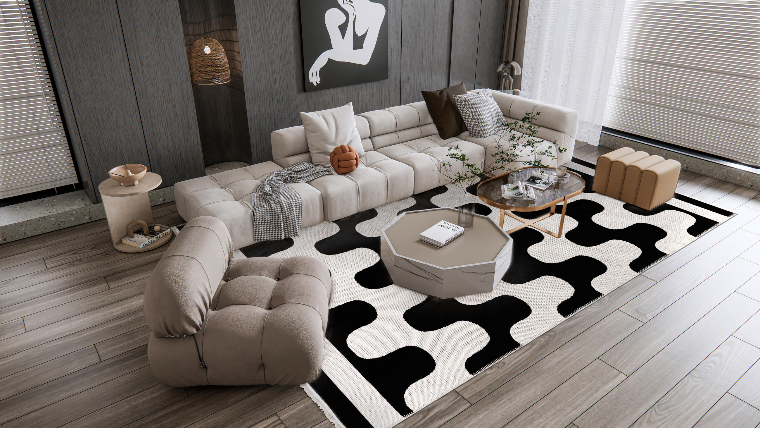 Thumbnail - Mazovia Teppich, Schwarz, Creme, Textil, Abstrakt, Rechteckig, 120x170 cm, Oeko-Tex® Standard 100, für Fußbodenheizung g...