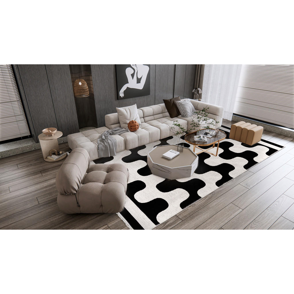 Thumbnail - Mazovia Teppich, Schwarz, Creme, Textil, Abstrakt, Rechteckig, 80x150 cm, Oeko-Tex® Standard 100, für Fußbodenheizung ge...