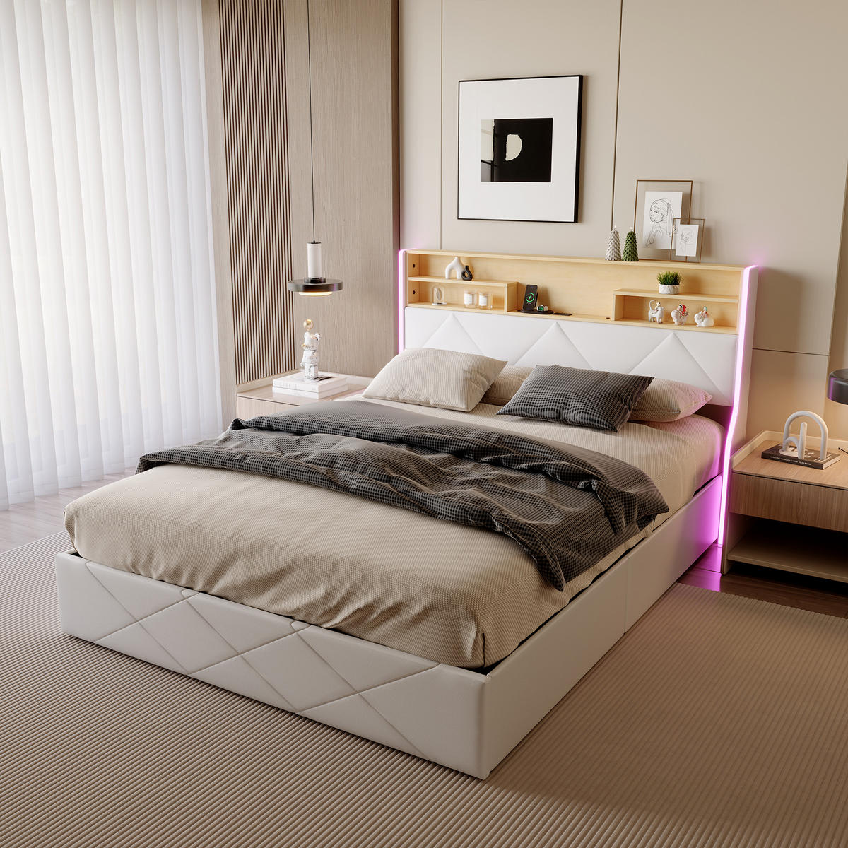 POLSTERBETT 140/200 cm Weiß mit Bettkasten, LED-Beleuchtung, Kopfteil mit Ablage und USB-C/USB-Anschluss - Weiß, Metall (140/200cm) - EuroLiving