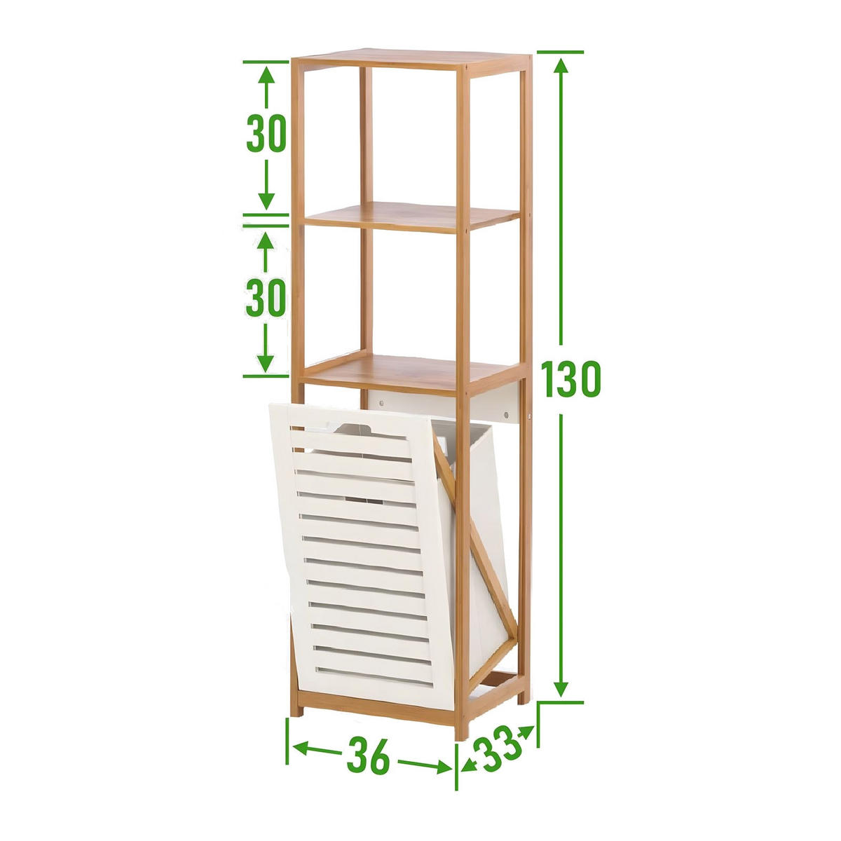 BADEZIMMERREGAL Bambus Weiß Wäschekorb 36/33/130 cm - Hellbraun/Weiß, Holz (36/130/33cm) - Begryf