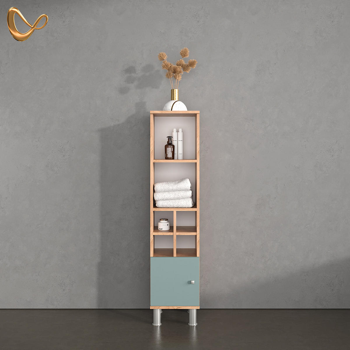 MIDISCHRANK Fucino Grün 30 x 130.6 cm kleine Tür - Honigeiche/Grün, Holzwerkstoff (30/130.6/30cm) - Livinity®