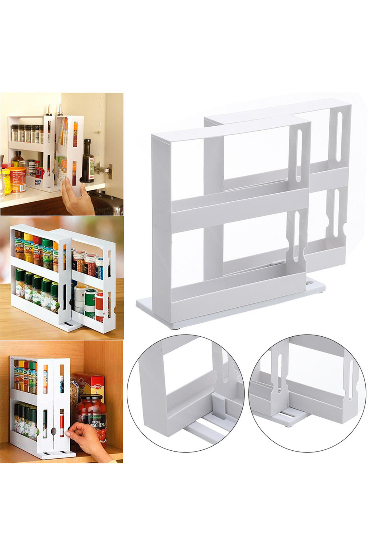 GEWÜRZREGALE Ausziehbare und drehbare mit Schienen aus weißem Kunststoff 26,5 x 13,2 x 26,1 cm - Weiß, Kunststoff (26.5/26.1/13.2cm) - Livingandhome
