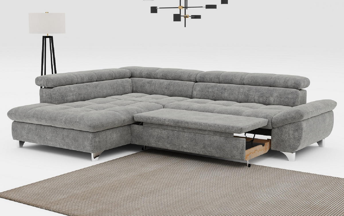 ECKSOFA mit Schlaffunktion und verstellbare Kopflehnen - Silberfarben/Grau, Textil/Metall (312/234cm) - Cotta