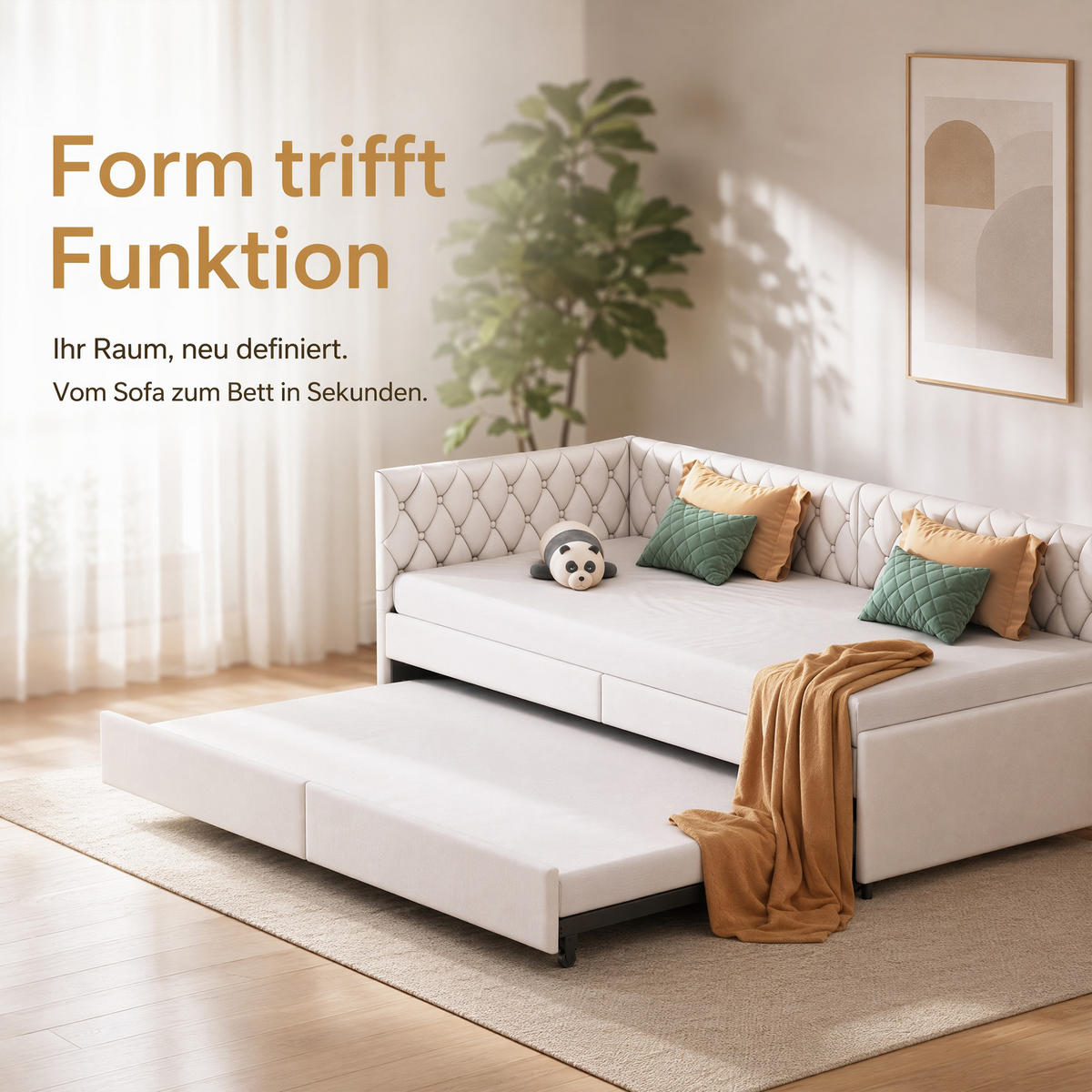 SCHLAFSOFA 2 sitzer, ausziehbar zum Bett 90/180x200, mit Lattenrost, Samt Beige, für das Wohnzimmer - Beige, Holz/Textil (96/70/205cm) - GENKI LIVING