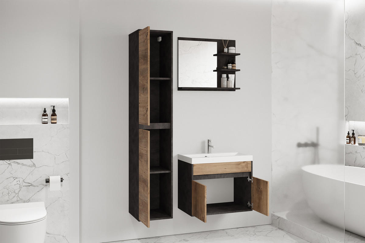 BADEZIMMERMÖBEL-SET Luani Matera / Kastanie - Beige/Schwarz, Holzwerkstoff (90.2/160/34.5cm) - Selsey