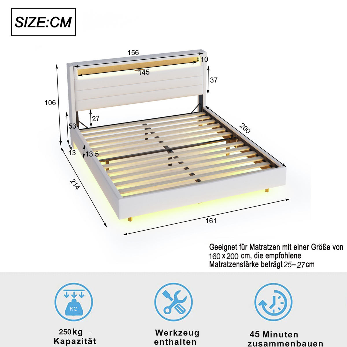 POLSTERBETT 160/200 cm mit LED-Beleuchtung, USB-Anschluss und gepolstertem Kopfteil - Beige, Textil (160/200cm) - BEAOK