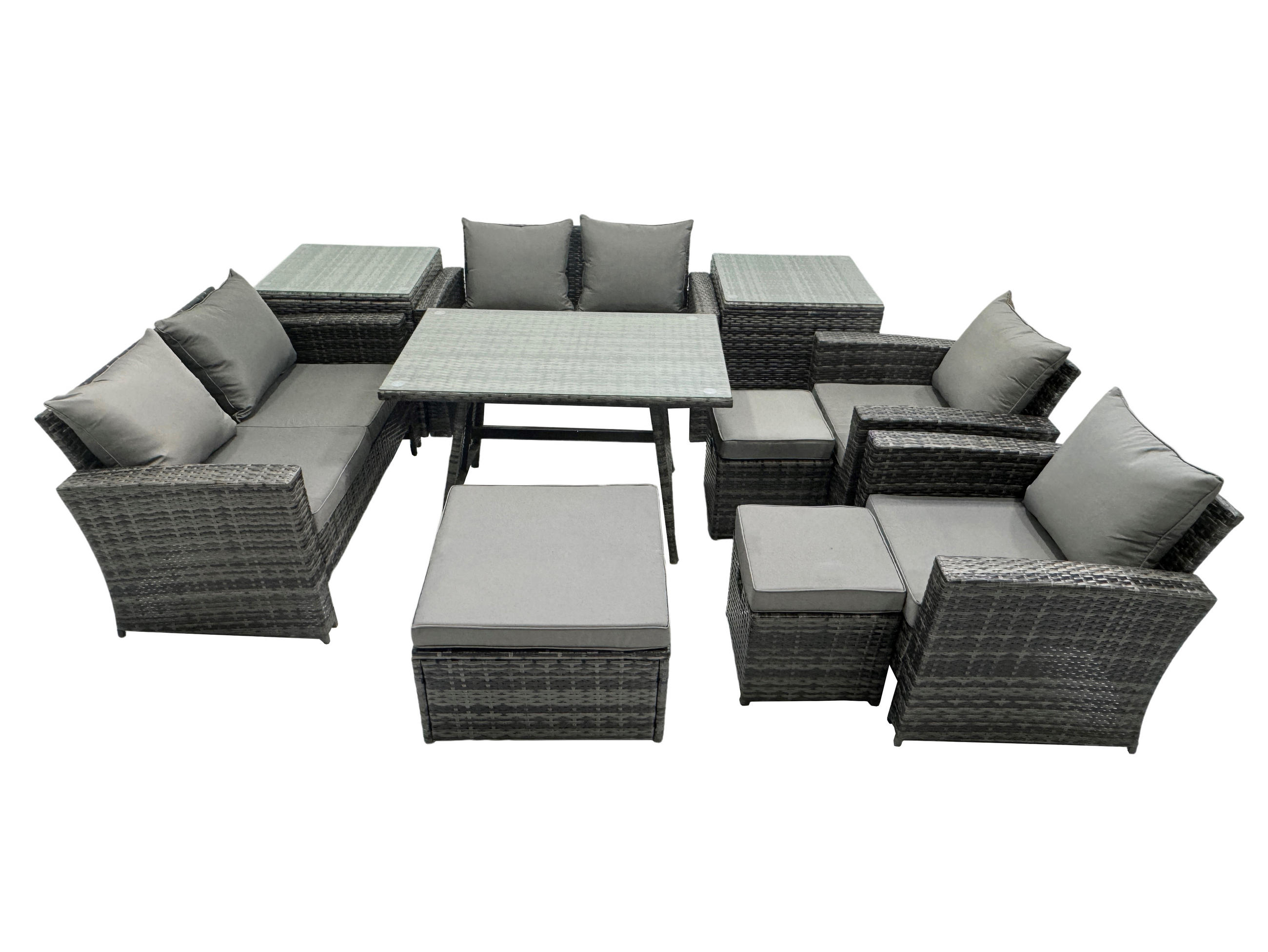 GARTENMÖBELSET mit ESSTISCH,HOCHLEHNER-SOFA Polyrattan Dunkelgrauer Mix 9-Sitzer - Dunkelgrau/Grau, Glas/Kunststoff - Fimous