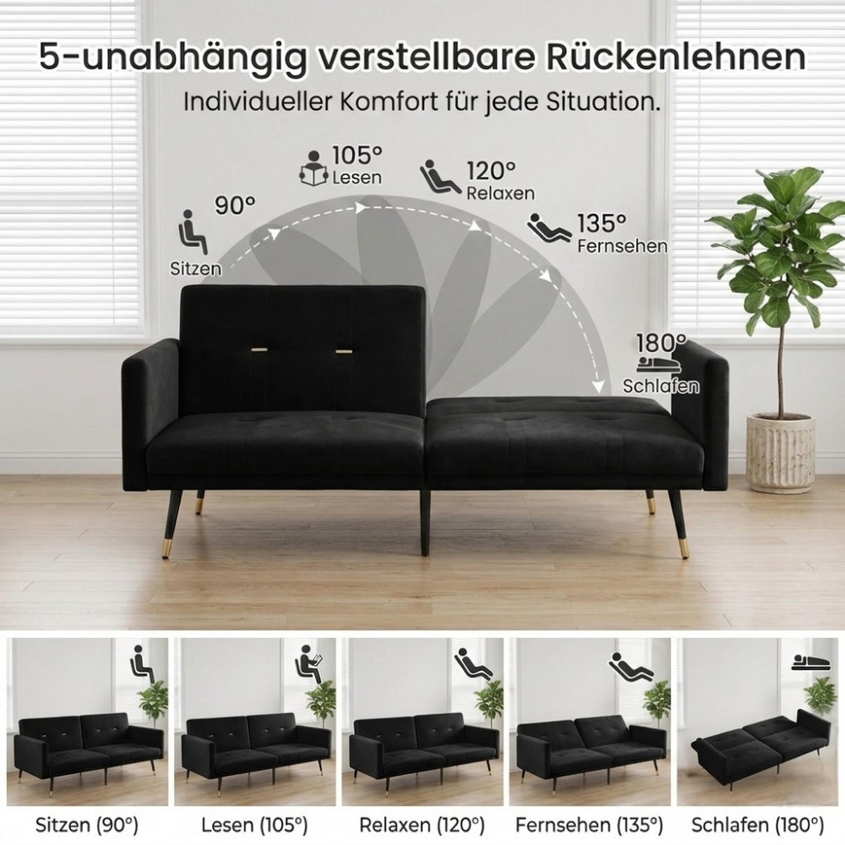 SCHLAFSOFA Zweisitzer mit Schlaffunktion,Klappsofa,Samt,Schwarz - Schwarz, Textil (164/70/51cm) - LVHOM