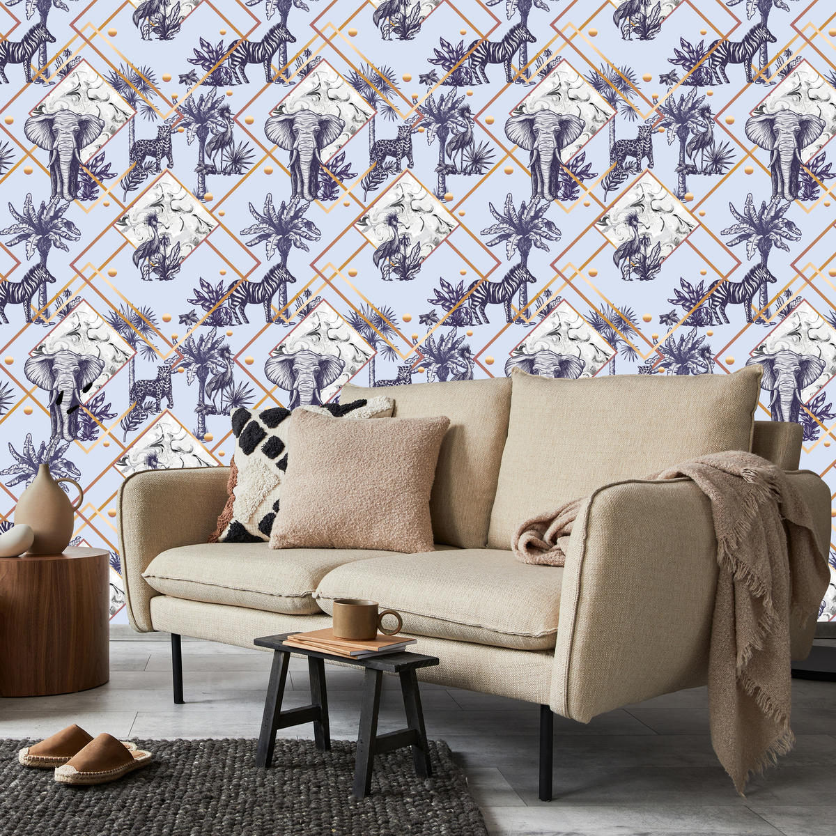 VLIESTAPETE Wildtiere und geometrische Muster – Blau, Goldfarben, Weiß – 50x1000 cm - Blau/Goldfarben, Papier (50/1000cm) - Muralo