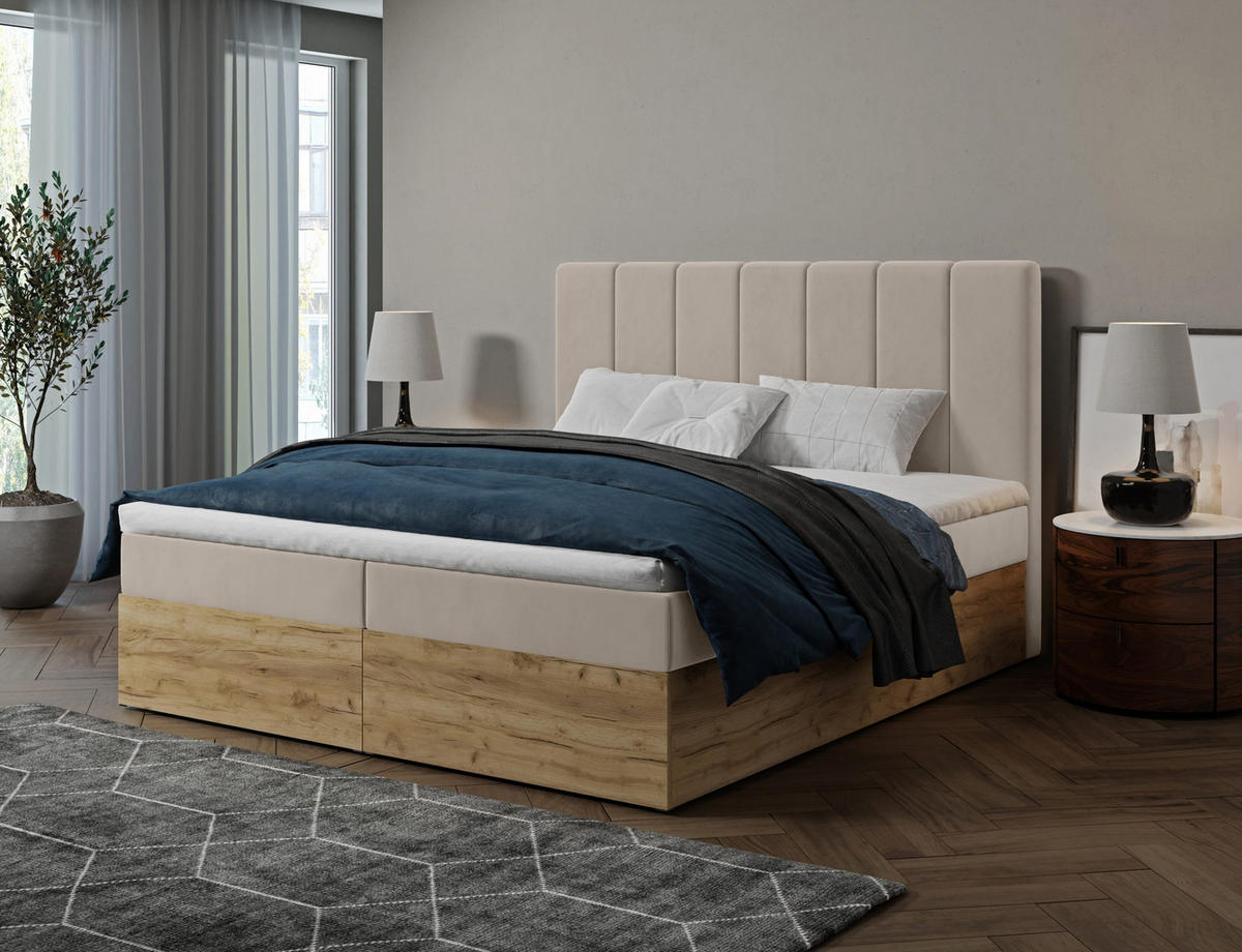 BOXBETT Doppelbett Jessen 160x200 cm, Beige - Hellbraun, Textil (160/200cm) - Fedve