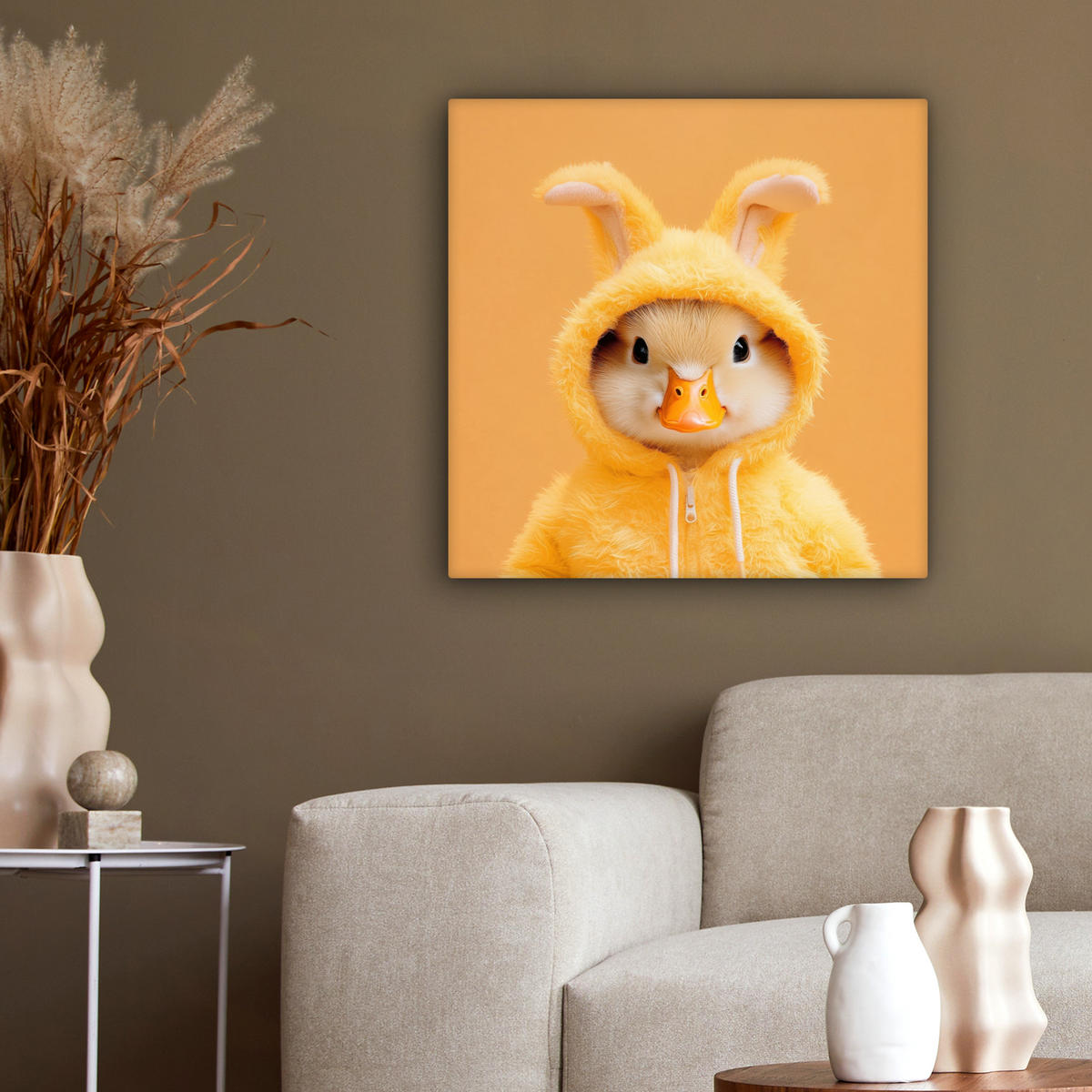 LEINWANDBILD Osterhase - Kostüm - Ente Wandbild Wohnzimmer 50x50 cm - Gelb, Textil (50/50cm) - MuchoWow