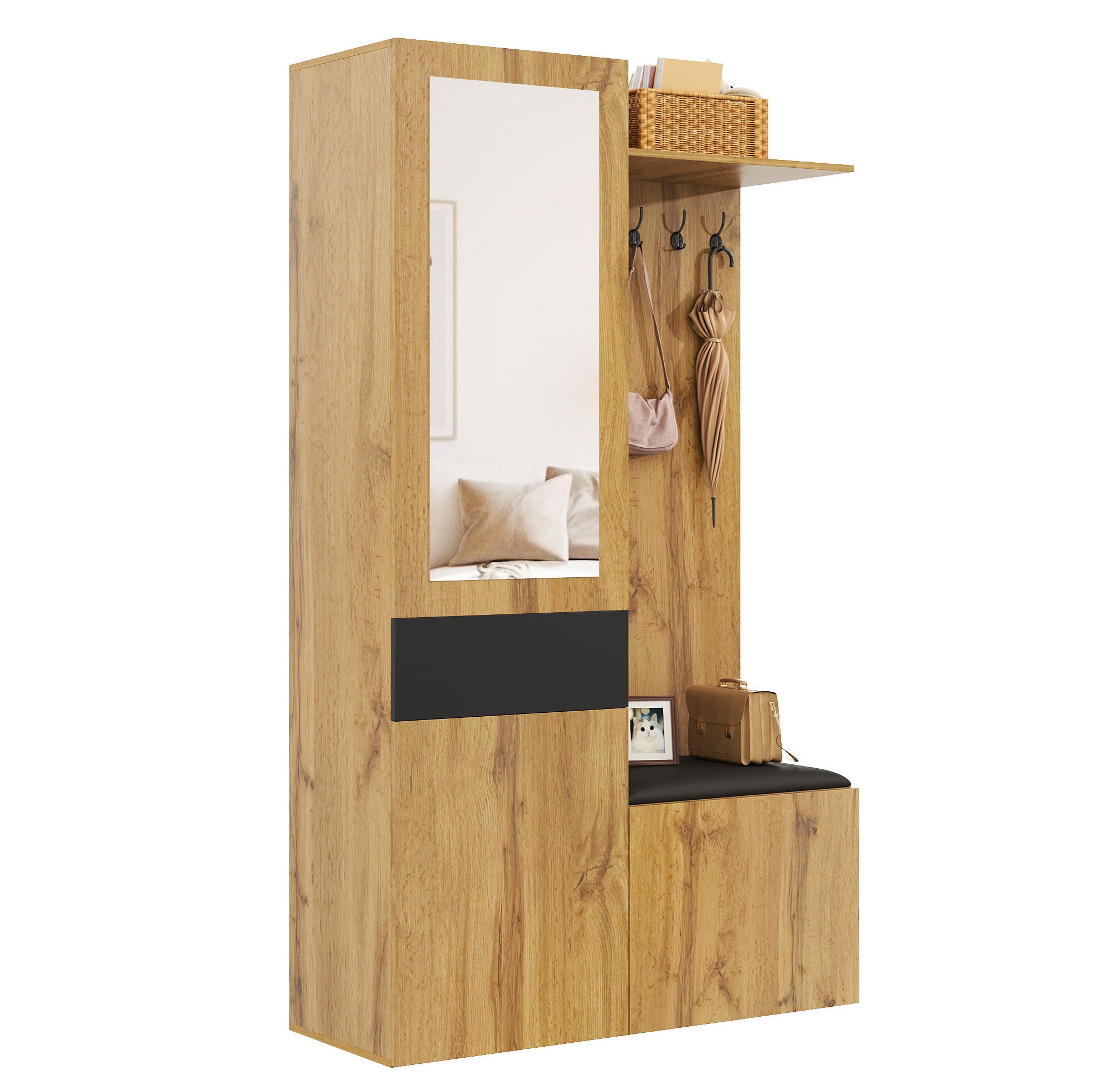 GARDEROBENSET 98,5/38/191 cm aus MDF mit Spiegel und Schuhschränken Schwarz/Natur - Schwarz, Holzwerkstoff (98.5/191/38cm) - Modenvie