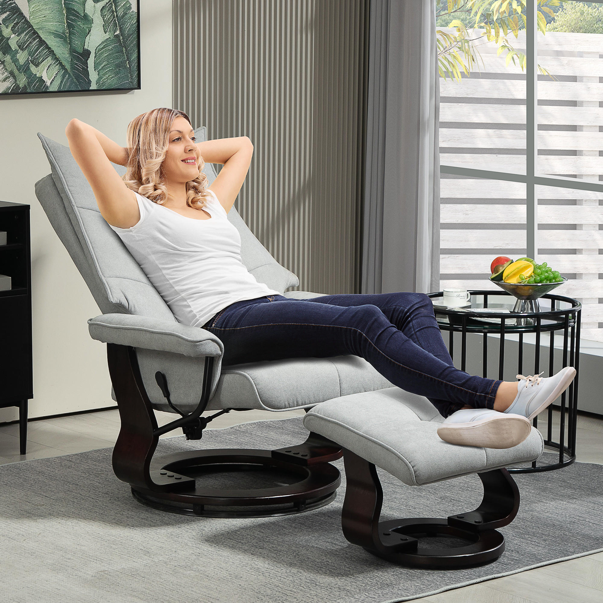 RELAXSESSEL mit Hocker, Drehbar Fernsehsessel mit Liegefunktion Samtoptik - Dunkelbraun/Grau, Holz/Textil (87/113/81cm) - HOMCOM