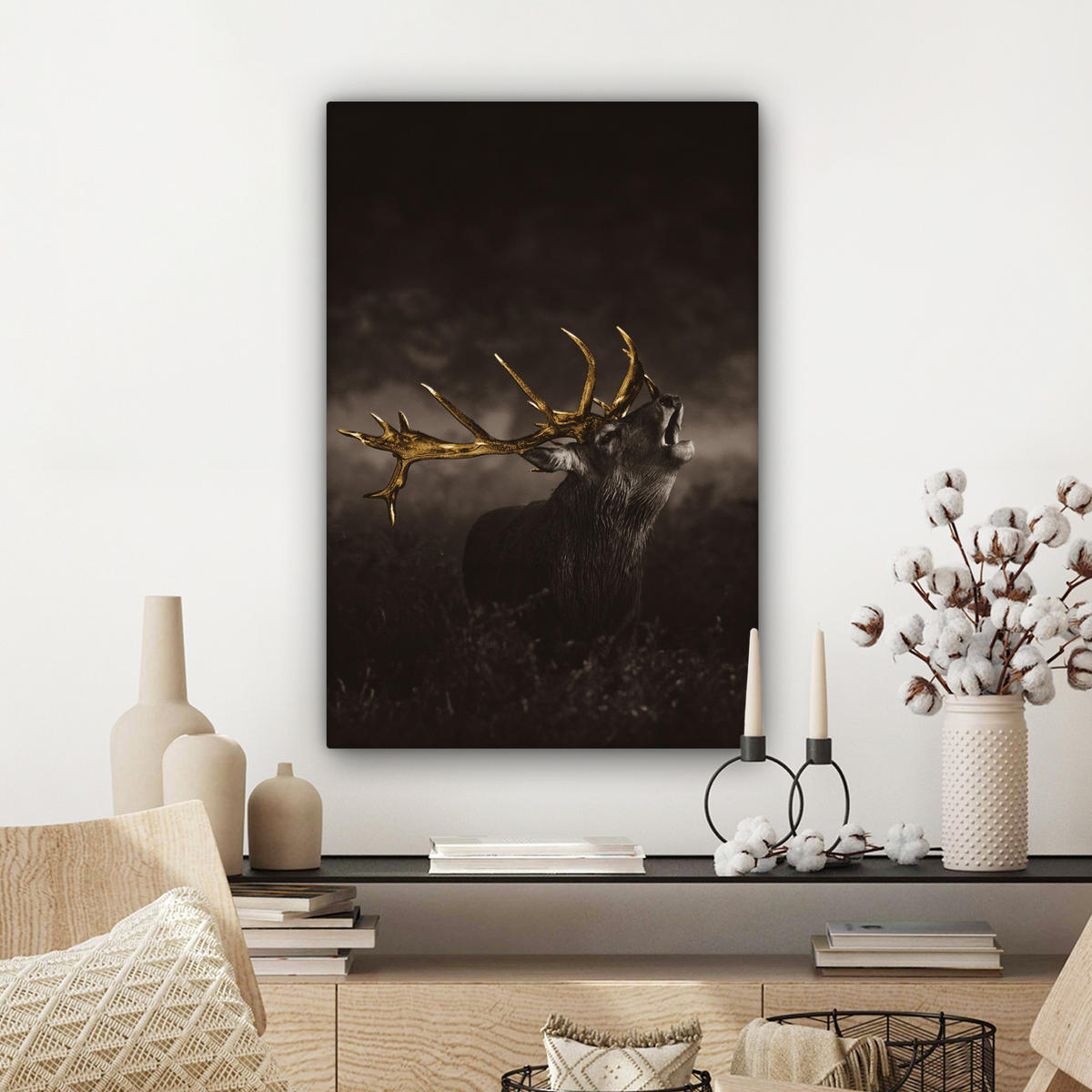 LEINWANDBILD Rotwild - Schwarz - Gold 40x60 cm - Braun, Textil (40/60cm) - MuchoWow