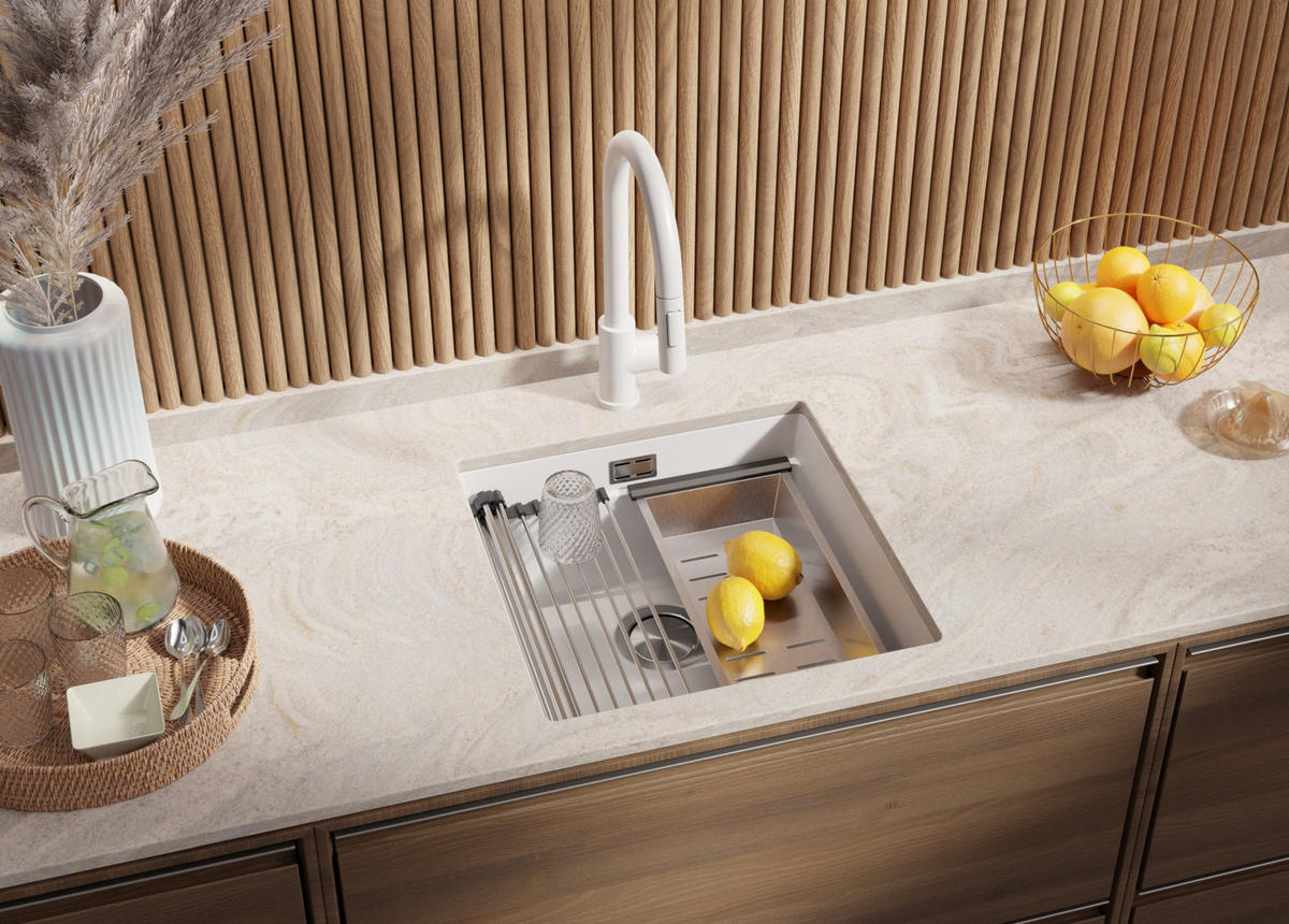 UNTERBAUSPÜLE GRANIT Praga, 2-er set Weiß 46/47 cm 1 Becken + Küchenarmatur 38/14 cm + Ablauf-Set + Aufrollbare Abtropffläche ab 50er Unterschrank - Chromfarben/Weiß, Kunststoff (46/20/47cm) - Primagran