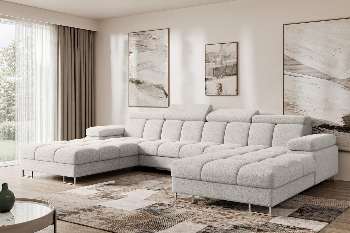 WOHNLANDSCHAFT mit Schlaffunktion und Bettkasten COMA U2 345x203x79 Hellgrau Velours - Hellgrau, Holzwerkstoff/Textil (345/79/203cm) - ALTDECOR