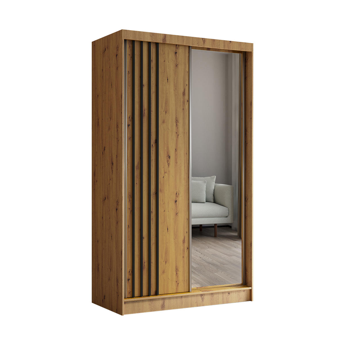 KLEIDERSCHRANK mit Spiegel-Schiebetüren und Aluminium-Leisten, LED-Beleuchtung - NALLA - 120 cm Artisan+Artisan+Schwarz - Schwarz/Eiche Artisan, Holzwerkstoff (120/216/61cm) - ALTDECOR