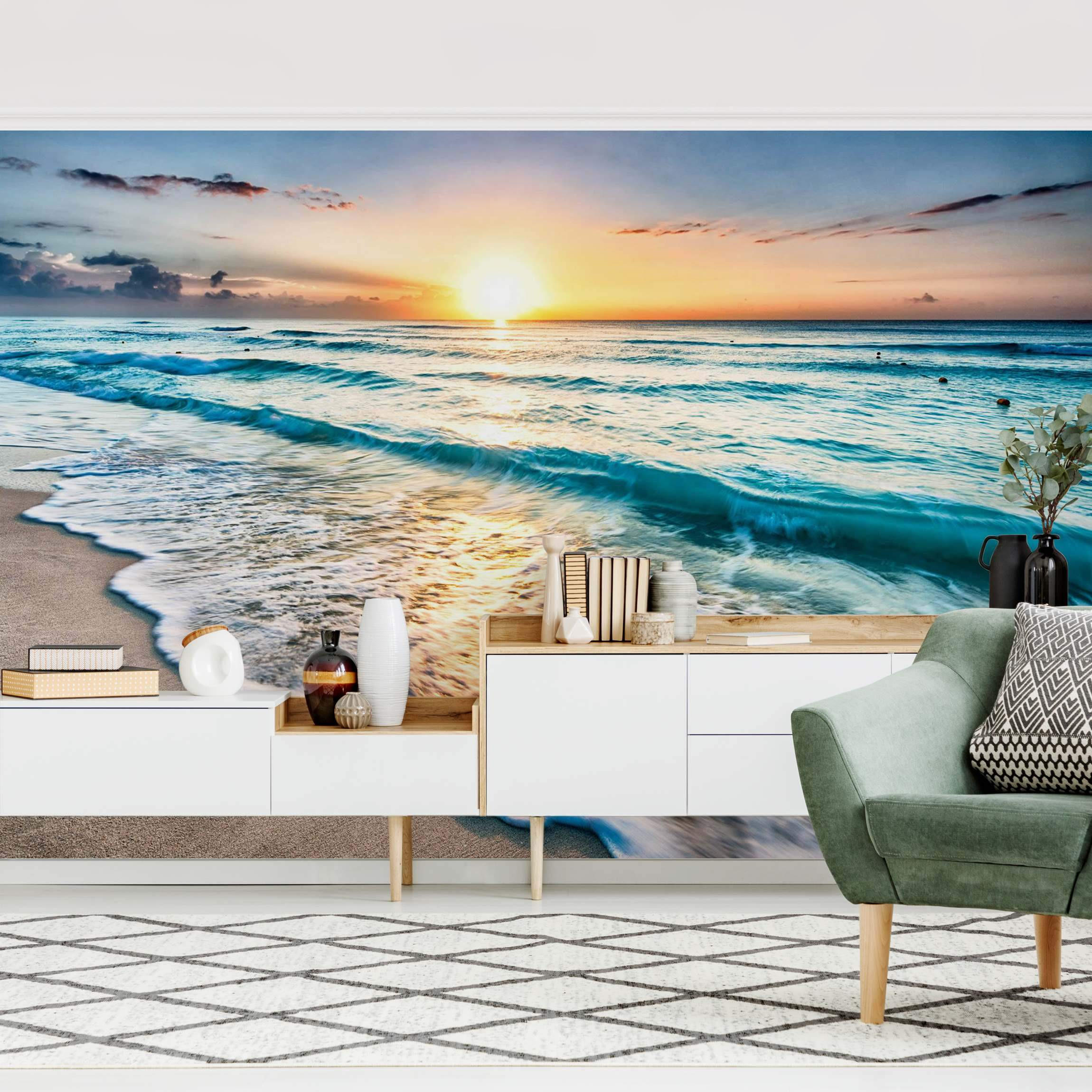 FOTOTAPETE Sonnenuntergang am Strand 432/290 cm - Blau, Papier (432/290cm) - Bilderwelten
