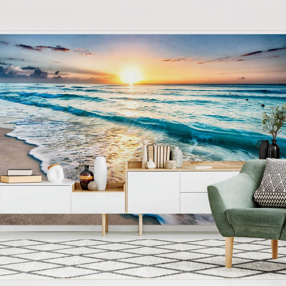 FOTOTAPETE Sonnenuntergang am Strand 288/190 cm - Blau, Papier (288/190cm) - Bilderwelten